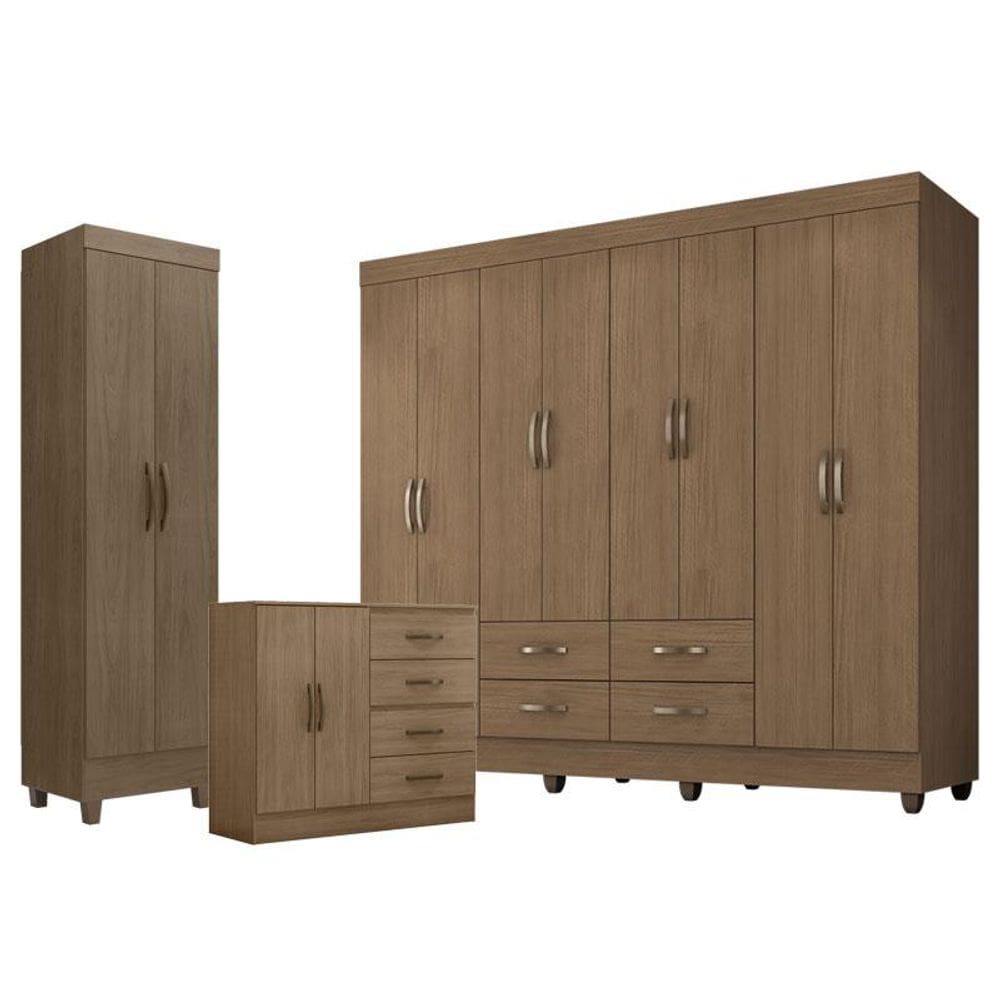 Guarda Roupa Casal Porto com Cômoda 4 Gavetas 2 Portas e Armário Multiuso Lite Carvalho Oak - Leão