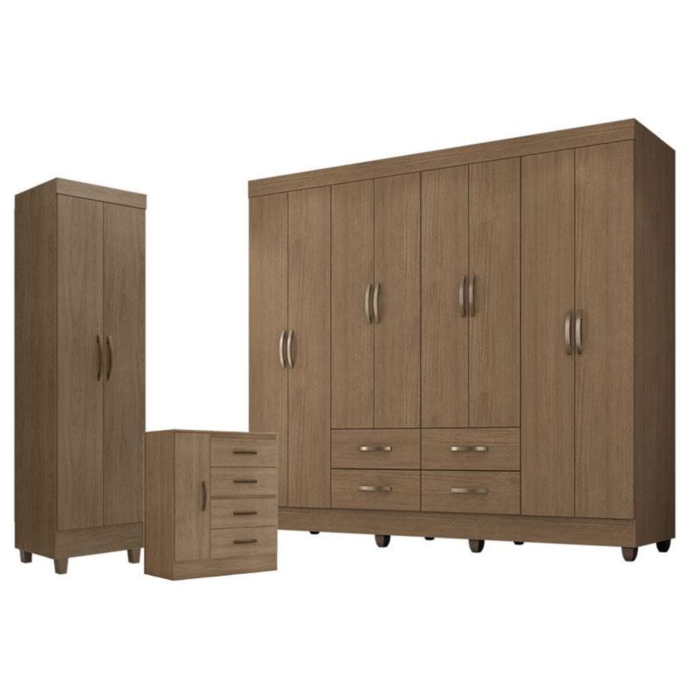 Guarda Roupa Casal Porto com Cômoda 4 Gavetas e 1 Porta e Armário Multiuso Lite Carvalho Oak - Leão