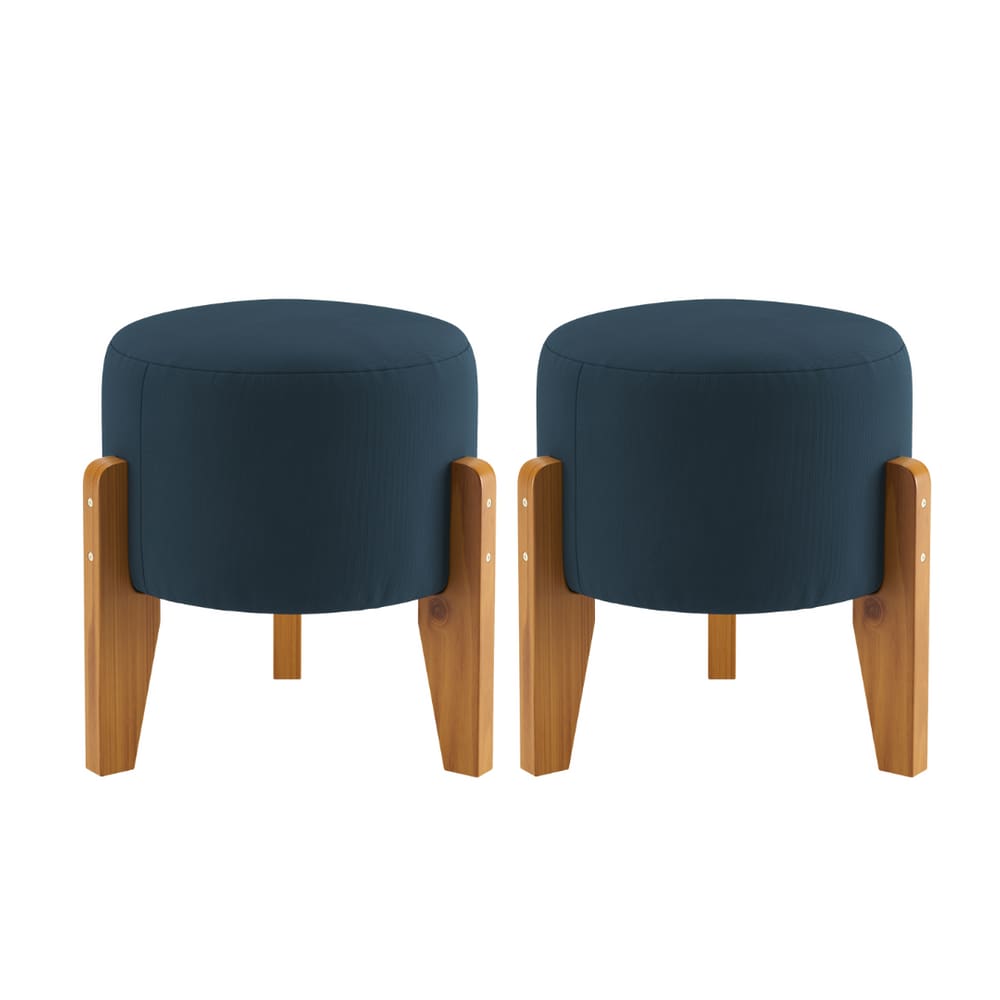 Kit 2 Puff Redondo Estofado Com os Pés em Madeira Decorativo Apoio Para os Pés