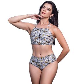 Biquini Cropped Estampa Margarida Top Bojo de Amarrar Costas Pescoço Calcinha Hot Pants Poliamida