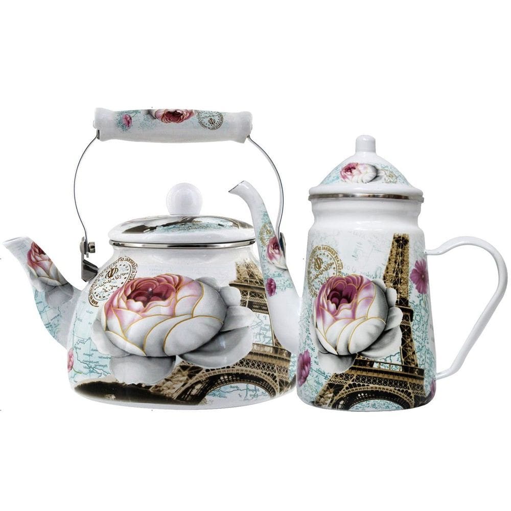 Kit Chaleira 2,5l Bule 1,2l Aço Esmaltada Paris