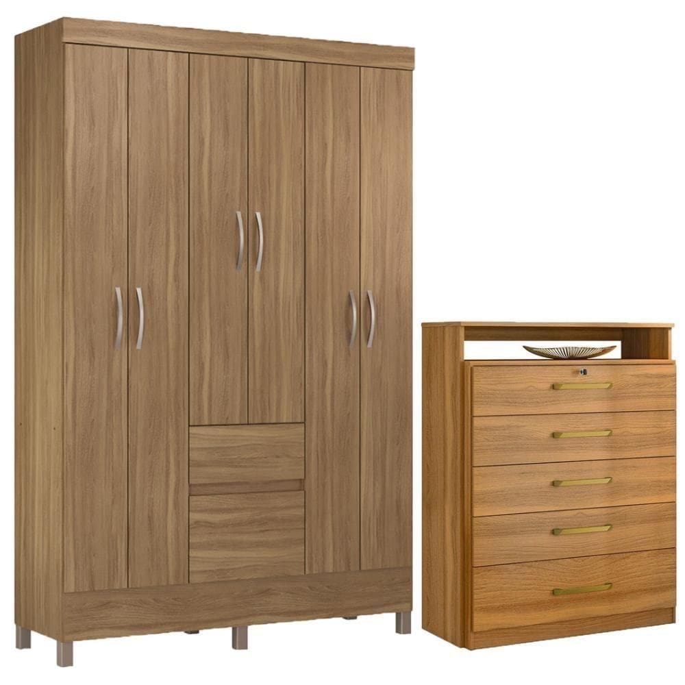 Kit Guarda Roupa Solteiro 6 Portas Flash Ii Cômoda Triunfo Amêndola Touch