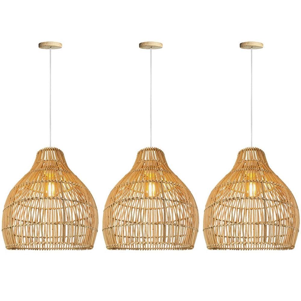 3 Pendente Fibra Natural Rattan Rustico Palha Cozinha Nat38