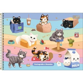 Caderno De Desenho Purrfect Cats Tilibra Capa Dura Espiral - 80 Folhas Fundo Colorido