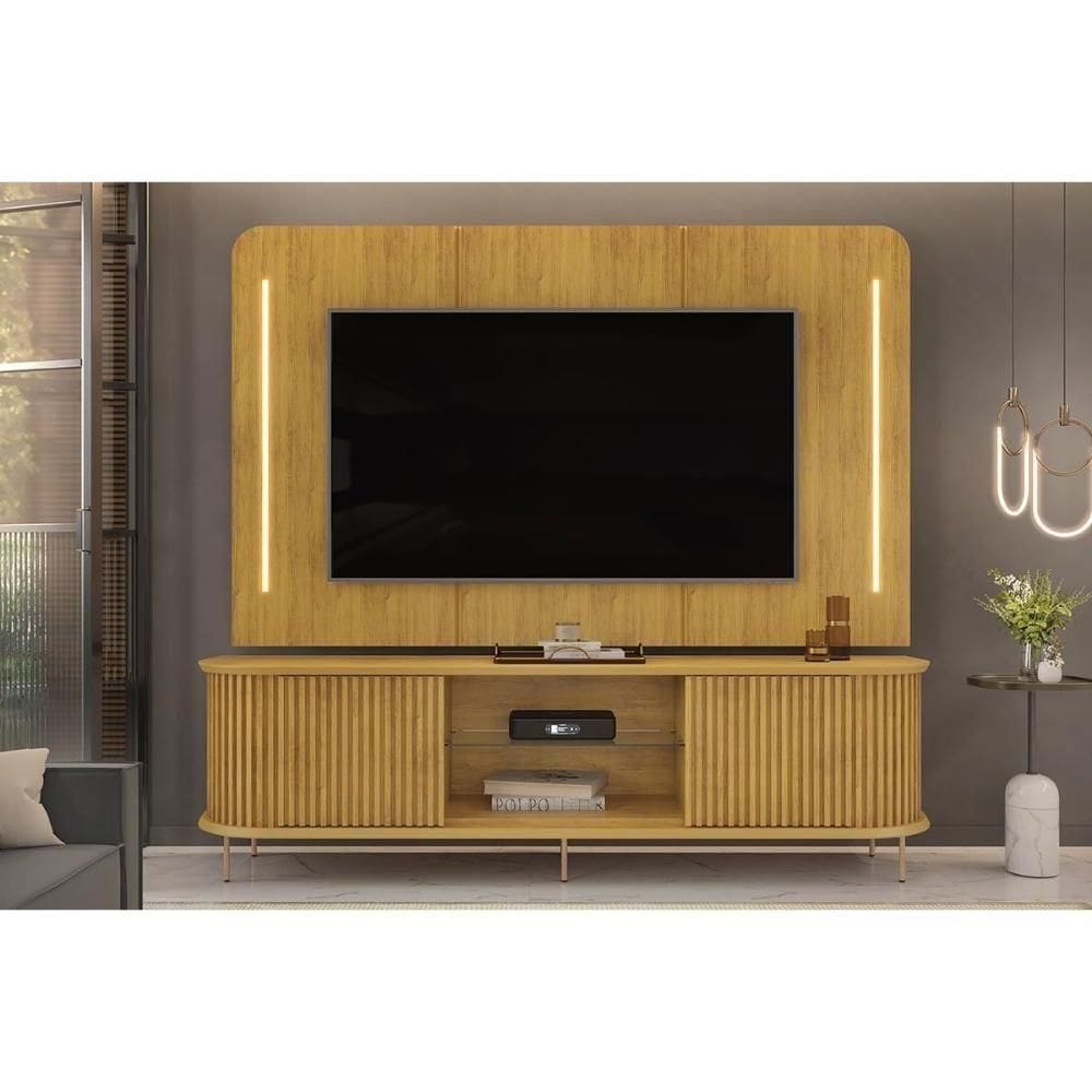Rack Bancada C/ Painel P/ Tv Até 75 Pol Atlas Ripado 2 Portas 218x62cm Cedro - Dj Móveis