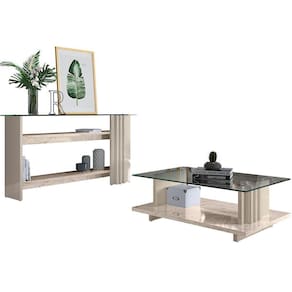 Kit Aparador Para Sala E Mesa De Centro Tampo De Vidro Foz Calacata/off White