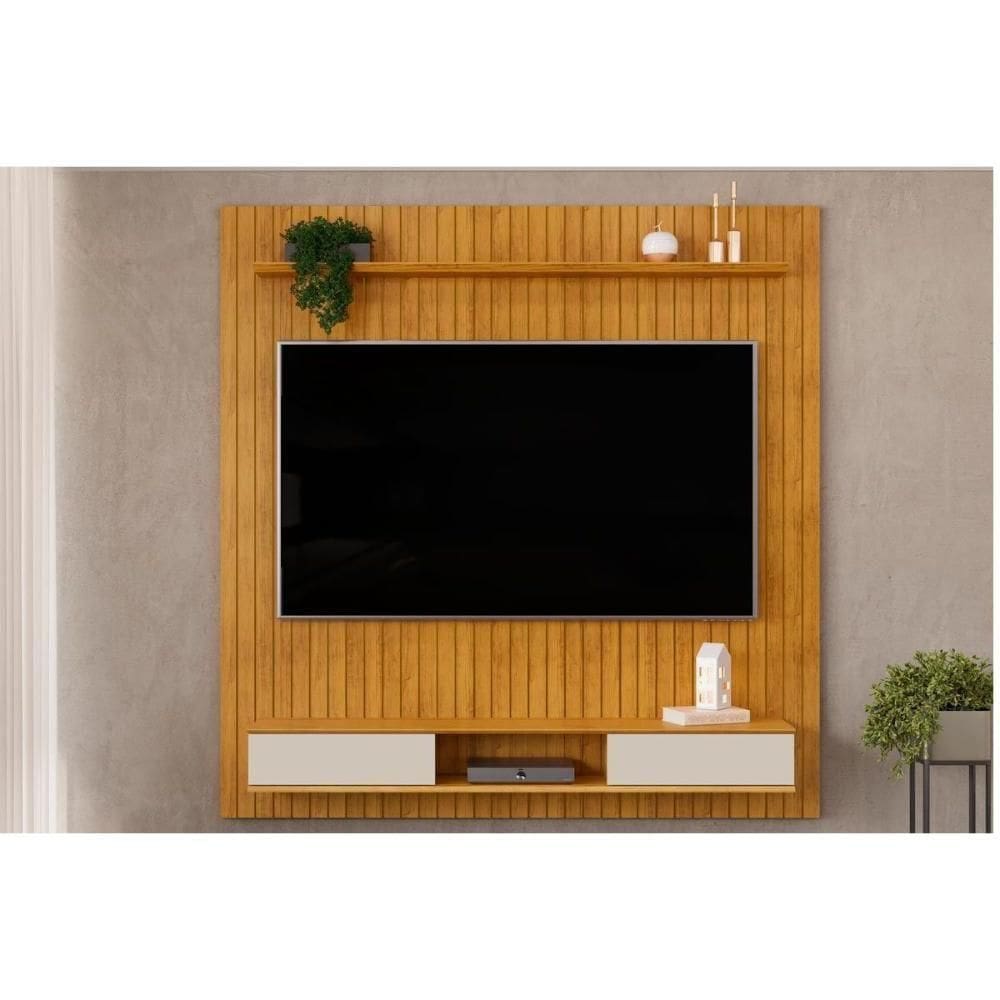 Rack Bancada C/ Painel P/ Tv Até 70 Polegadas Lexus Ripado Prateleira E Nichos179x183cm Cedro/bali - Dj Móveis
