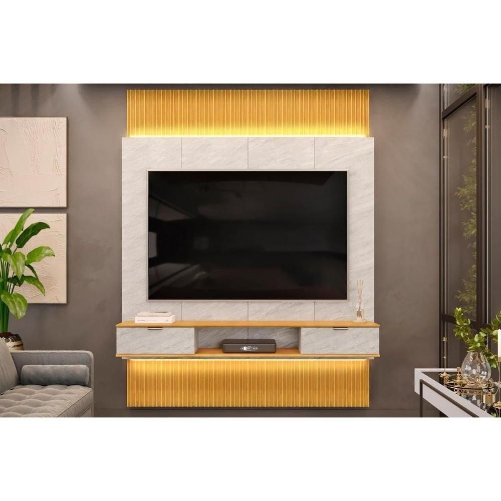 Rack Bancada C/ Painel P/ Tv Até 75 Polegadas Hit 1900 Extensível 100% Mdf Led De 240 A 290cm Cedro/quartzo - Dj Móveis
