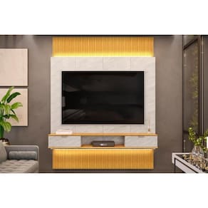 Rack Bancada C/ Painel P/ Tv Até 75 Polegadas Hit 1900 Extensível 100% Mdf Led De 240 A 290cm Cedro/quartzo - Dj Móveis
