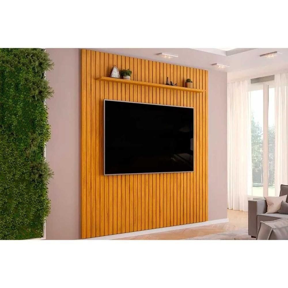 Rack Bancada C/ Painel P/ Tv Até 85 Pol Pratic Ripado 1 Prateleira 250x240cm Cedro - Dj Móveis