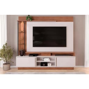 Rack Bancada C/ Painel P/ Tv Até 70 Polegadas Martino Prateleira Nichos E Rodapé 200x185cm Freijó/off White - Dj Móveis