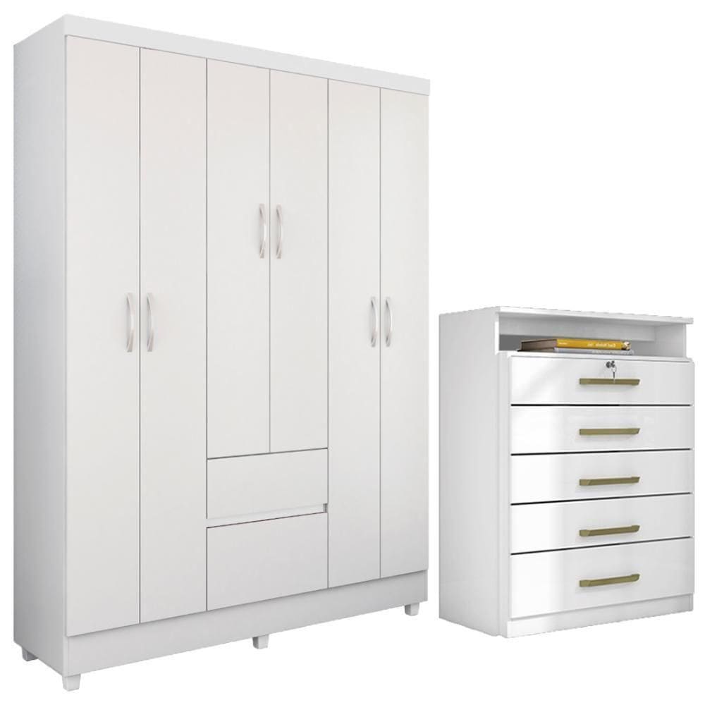 Kit Guarda Roupa Solteiro 6 Portas Flash Ii Cômoda Triunfo Branco