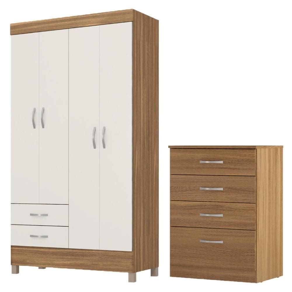 Kit Guarda Roupa Solteiro 4 Portas Astro Cômoda Astral Amêndola Touch Off White