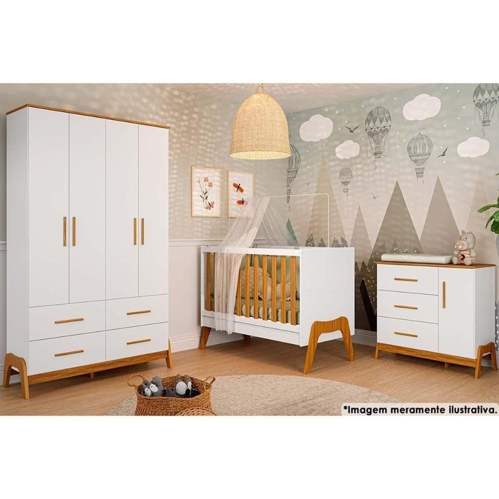 Quarto Infantil Completo Guti Peças (1 Guarda Roupa + 1 Berço + 1 Cômoda) Branco-amendoa - Peroba