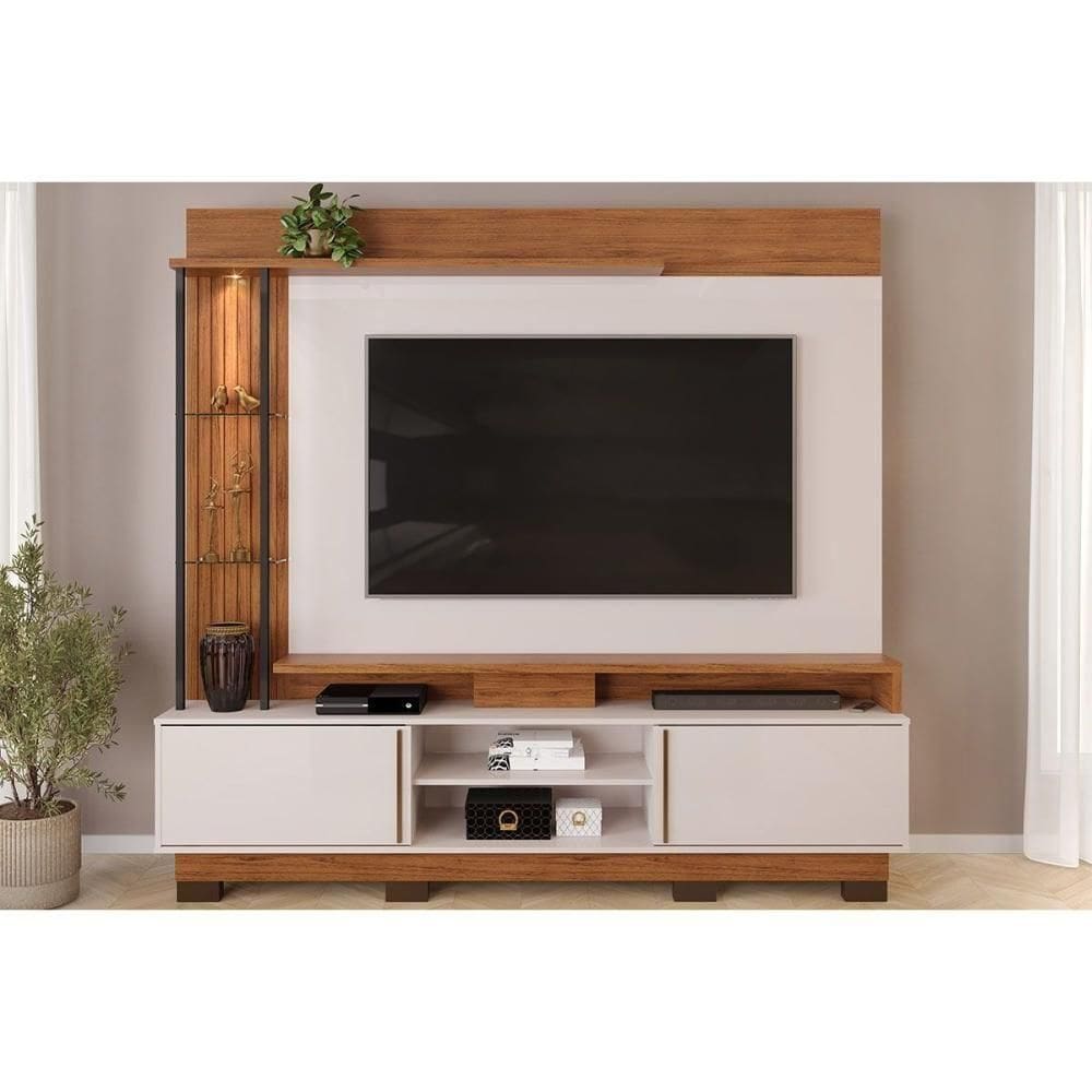 Rack Bancada C/ Painel P/ Tv Até 70 Polegadas Martino Prateleira Nichos E Pés 200x190cm Freijó/off White - Dj Móveis