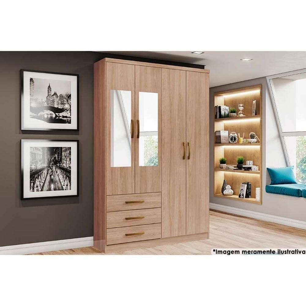 Guarda Roupa 4 Portas 4 Portas (2 C- Espelho) E 3 Gavetas Caju Da135 Jequitibá - Henn