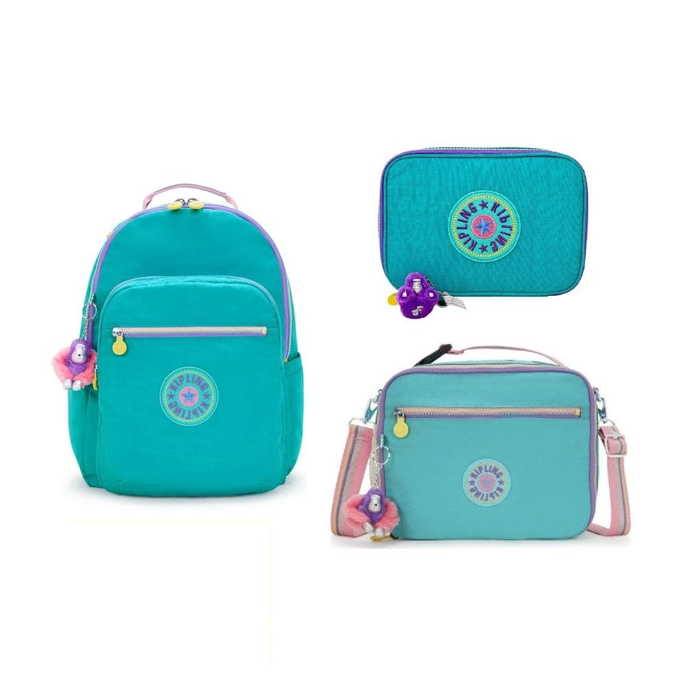Conjunto Escolar Kipling Rainbow Verde Água Mochila Estojo Lancheira 