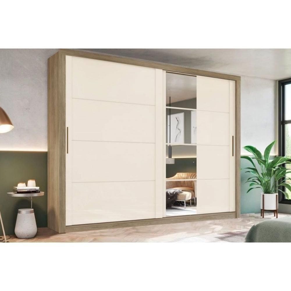 Guarda Roupa 2 Portas De Correr (1 C- Espelho) E 4 Gavetas Palace Rústico-off White - Henn