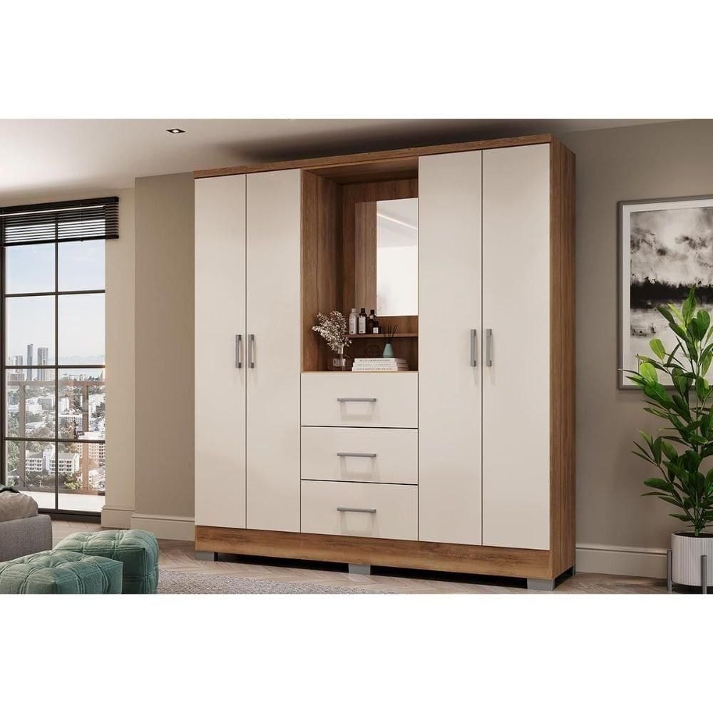Guarda Roupa 4 Portas E 3 Gavetas C- Espelho Roma 1181 C- Pés Freijo-off White - Carraro