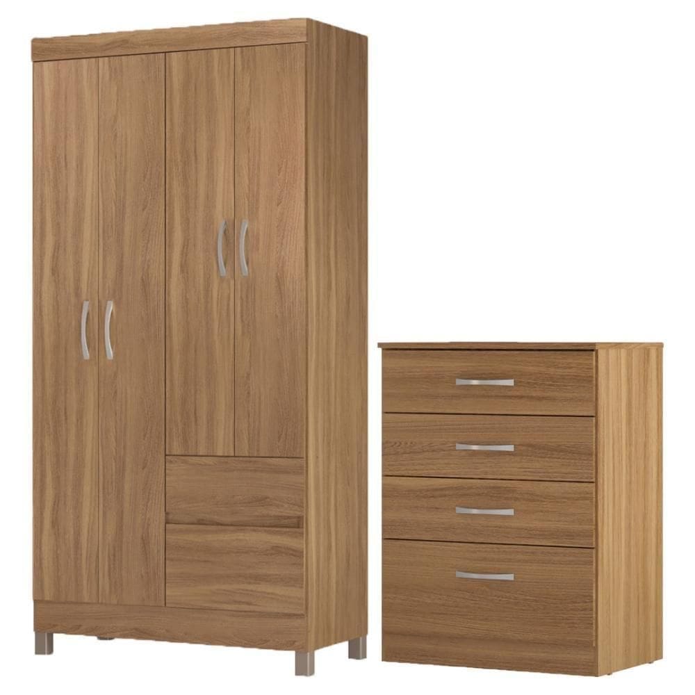 Kit Guarda Roupa Solteiro 4 Portas Lótus Cômoda Astral Amêndola Touch