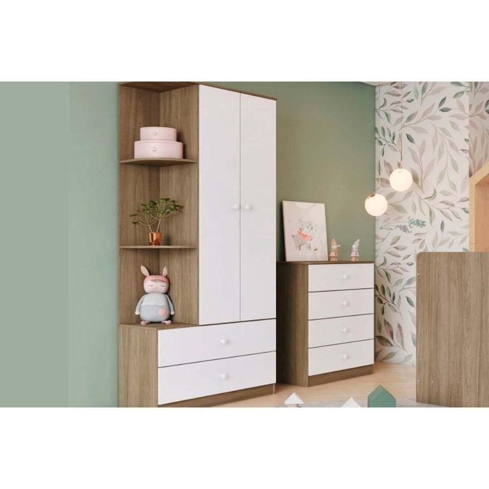Quarto De Bebê Completo Labirinto 2 Peças (1 Guarda Roupa + 1 Cômoda) Qi96 Rústico-branco - Henn