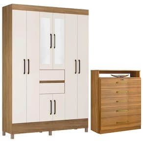Kit Guarda Roupa Casal Com Espelho 8 Portas Munique Cômoda Triunfo Amêndola Touch Off White