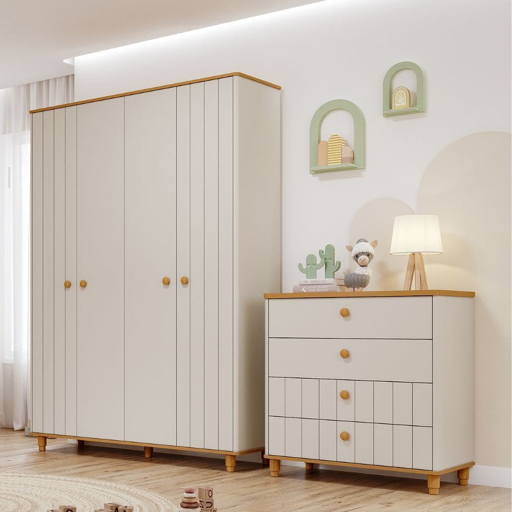 Quarto de Infantil Completo Guarda Roupa 4 Portas e Cômoda 4 Gavetas 100 MDFLívia Permobili