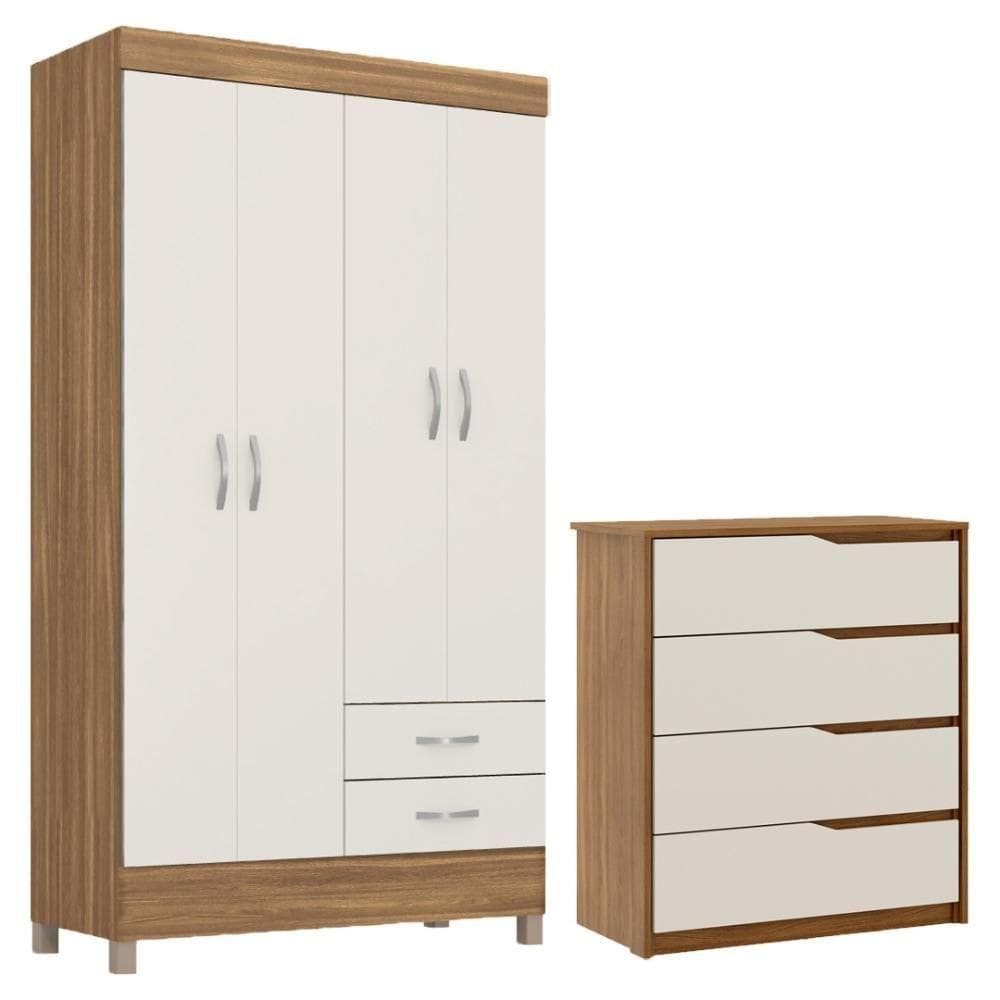 Kit Guarda Roupa Solteiro 4 Portas Astro Cômoda Atria Amêndola Touch Off White