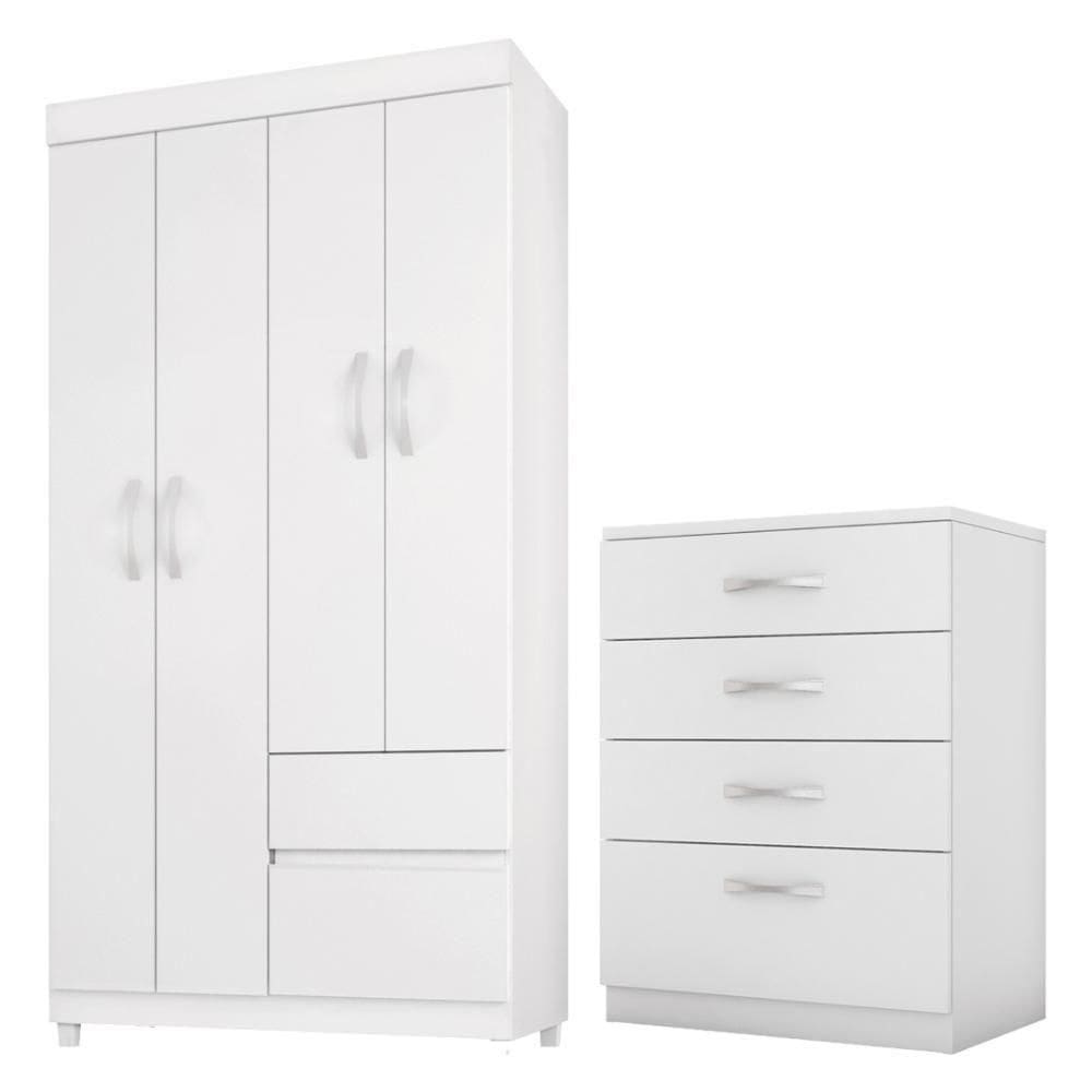 Kit Guarda Roupa Solteiro 4 Portas Lótus Cômoda Astral Branco