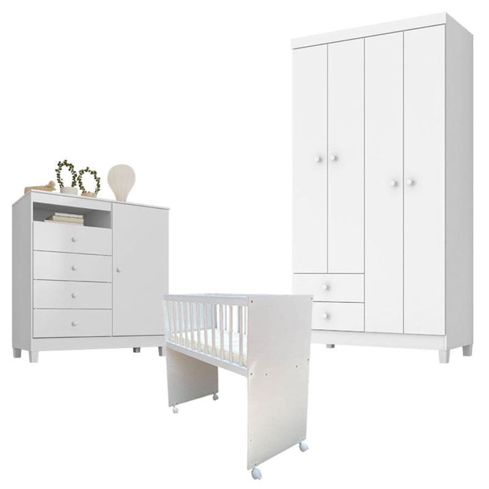 Quarto Bebê 4 Portas Ternura Baby e Mini Berço Moisés Alegria com Colchão Branco Flex - Incorplac