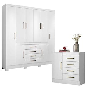 Cômoda Montevidéu E Guarda Roupa Casal New Realce Branco - Demóbile