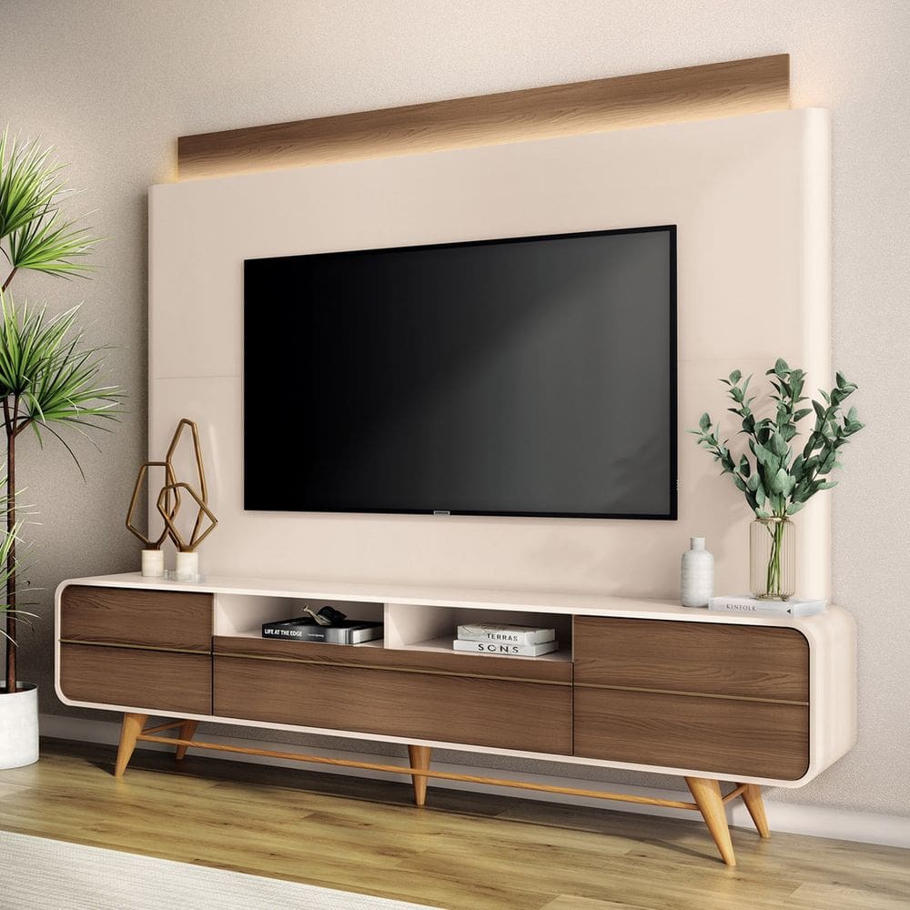 Estante Painel de TV 85 Pol 220cm Nobre Castanho/Off White - HB Móveis