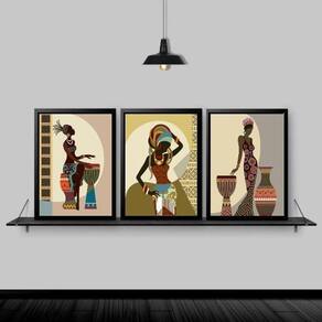 Kit Quadros Arte Africana Mulheres 33X24Cm Com Vidro 3 Peças