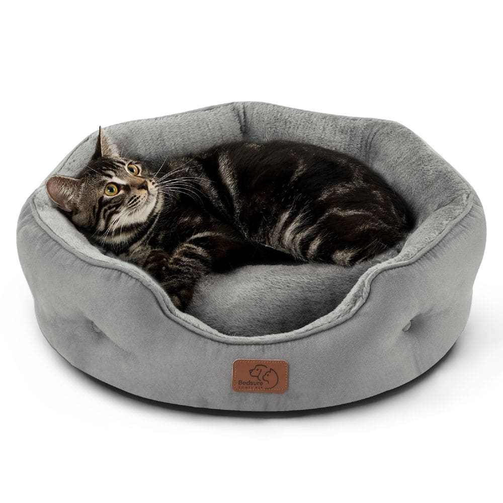 Cama para animais de estimação Bedsure para cães e gatos pequenos, redonda, cinza, 50 cm