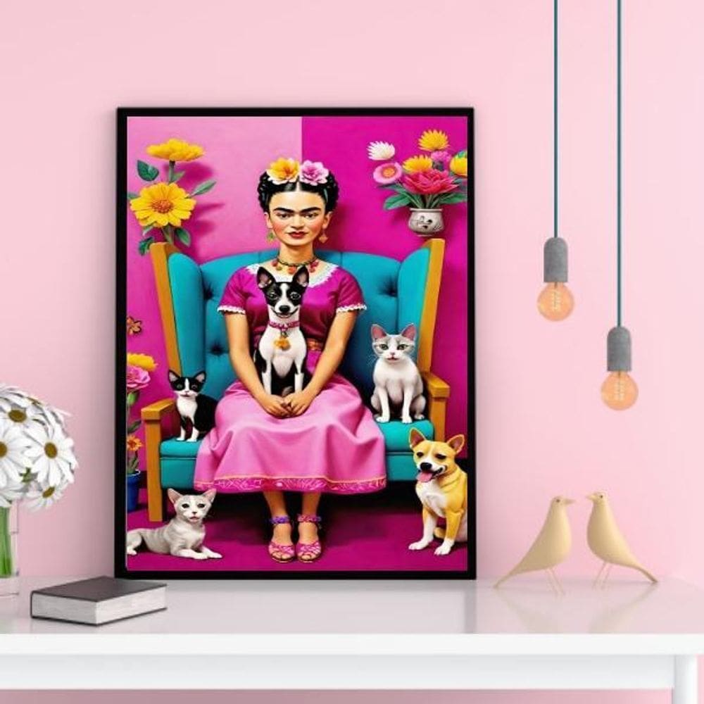 Quadro Decorativo Frida Com Cães E Gatos 33X24Cm