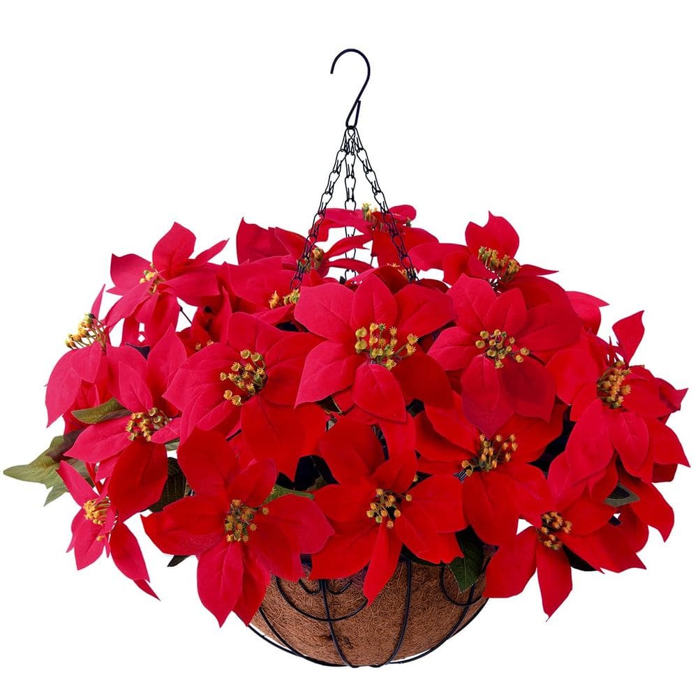 Cesta artificial de flores de poinsétia pendurada de Natal