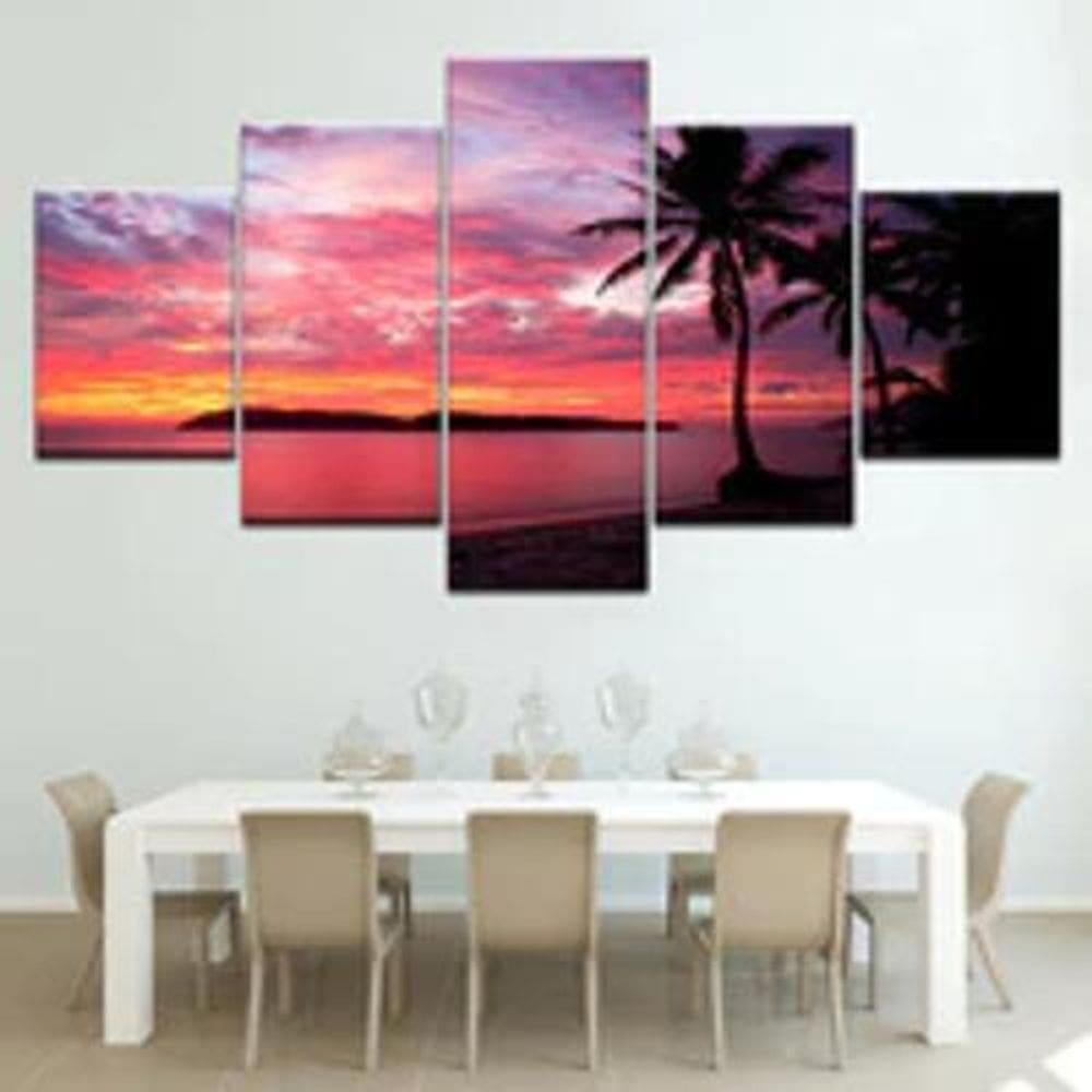 Quadro Decorativo Mosaico De 5 Peças Praia Coqueiro Rosa