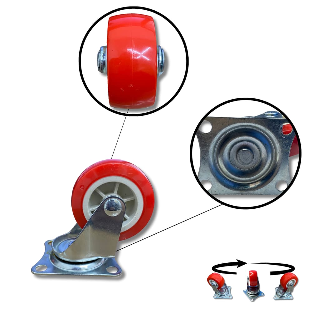 Rodízio Rodinha Giratório Placa Base Aço Roda PP Vermelho Diâmetro 63mm 2,5&quot; Altura 85mm
