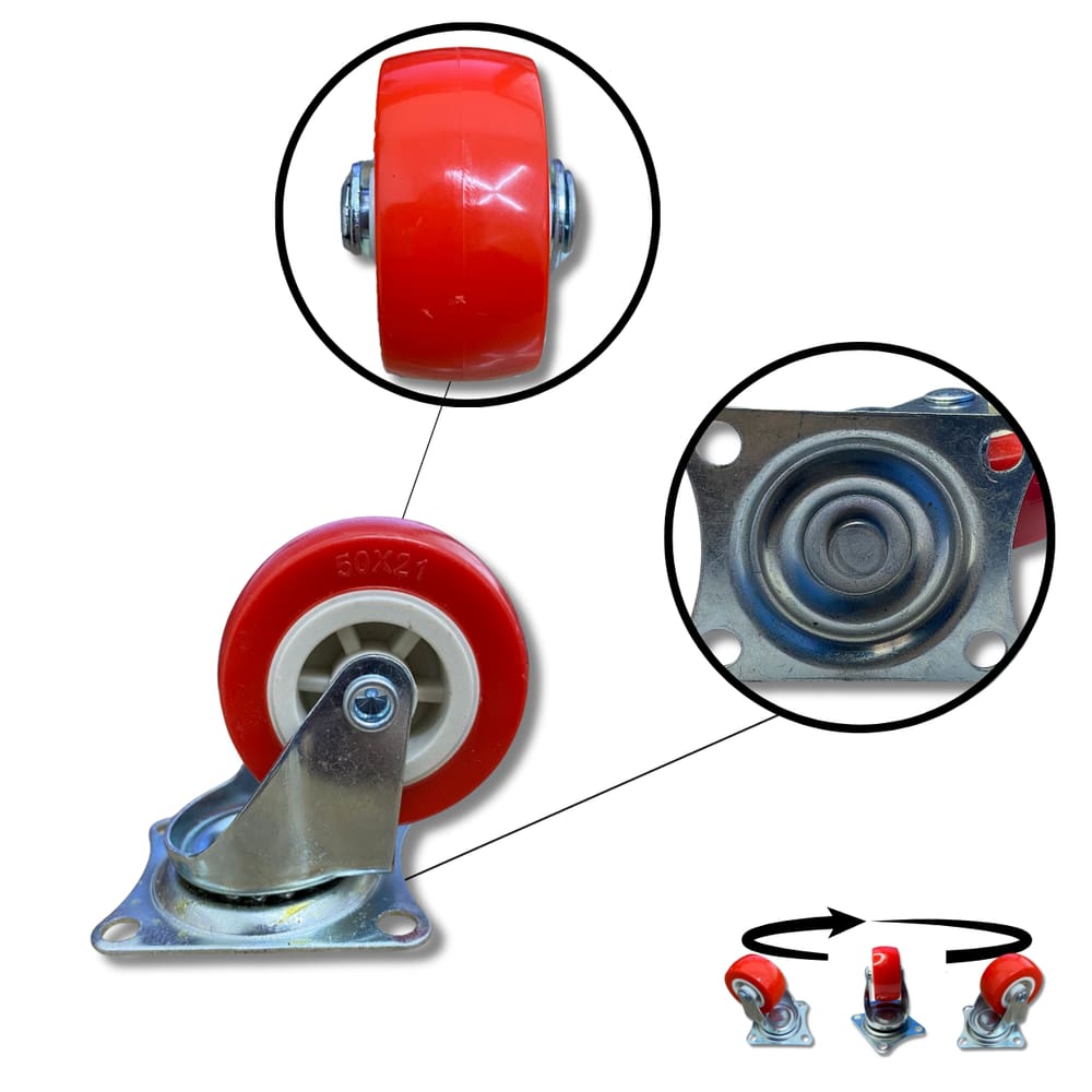 Rodízio Rodinha Giratório Placa Base Aço Roda PP Vermelho Diâmetro 50mm 2&quot; Altura 65mm