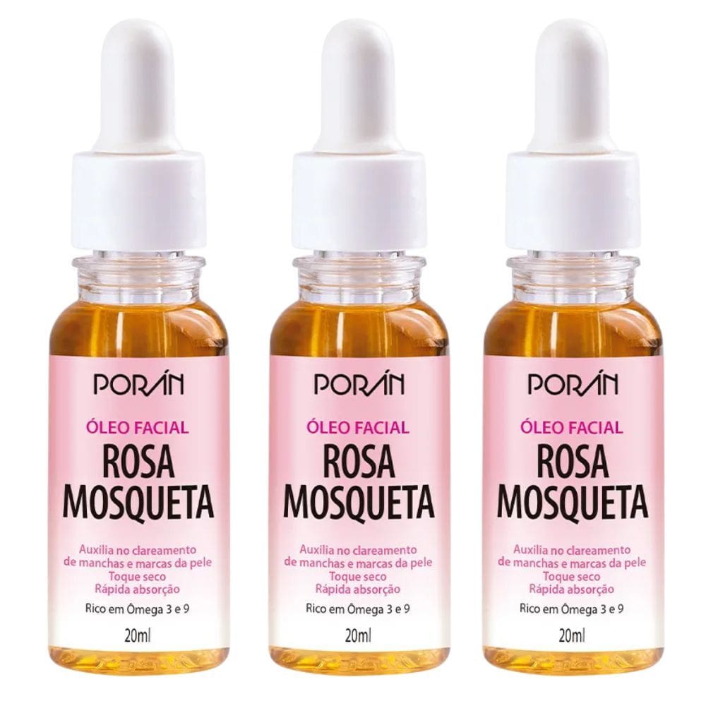 Kit c/ 3 Óleo Facial Rosa Mosqueta Vegano Porán 20ml