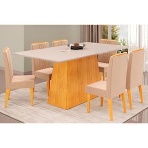 Cozinha Completa Dulce Tampo Madeirado Com Vidro Reto 180x90cm E 6 Cadeiras Lia Cedro Off White Suede Kraft