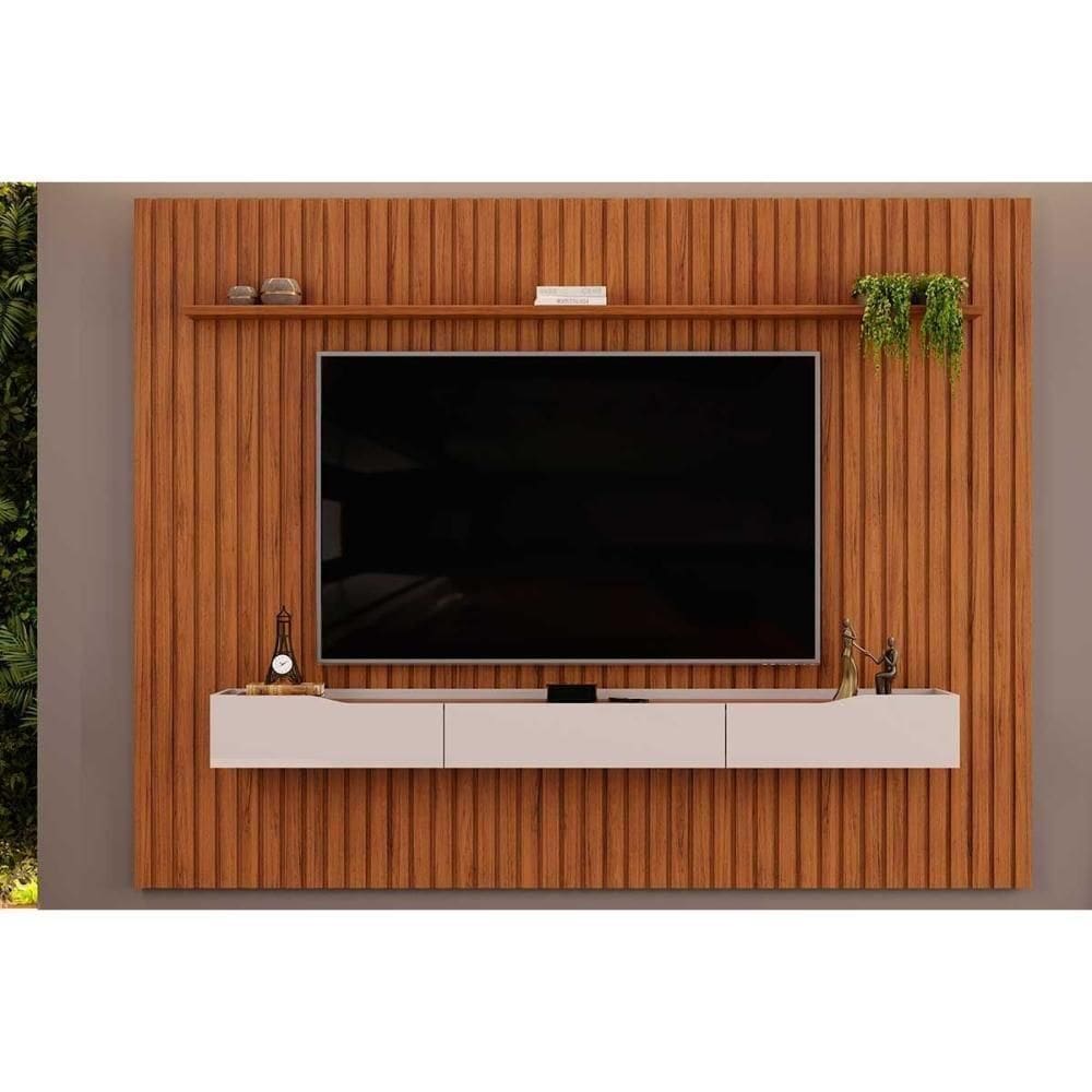 Estante P- Sala Até 85 Pol Pratic Ripado C- 3 Gavetas 275x240cm Freijó-off White - Dj Móveis