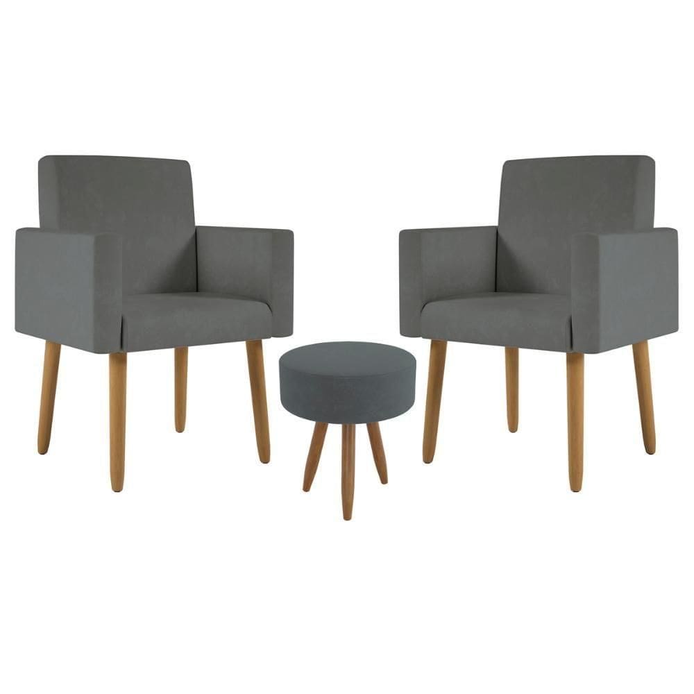 Kit 2 Poltronas Decorativa Sala Nina Com Puff Balaqui Decor Cinza