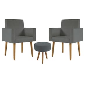 Kit 2 Poltronas Decorativa Sala Nina Com Puff Balaqui Decor Cinza