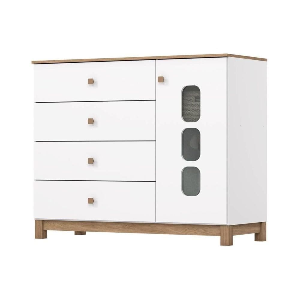 Cômoda Bebê Aconchego C- 1 Porta E 4 Gavetas Branco-jequitiba - Henn