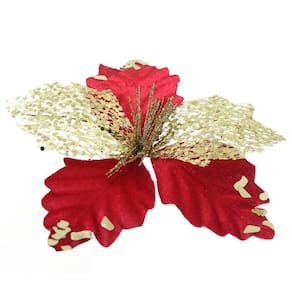 Kit 2 Flor De Natal Vermelha Artificial Com Brilho 19cm