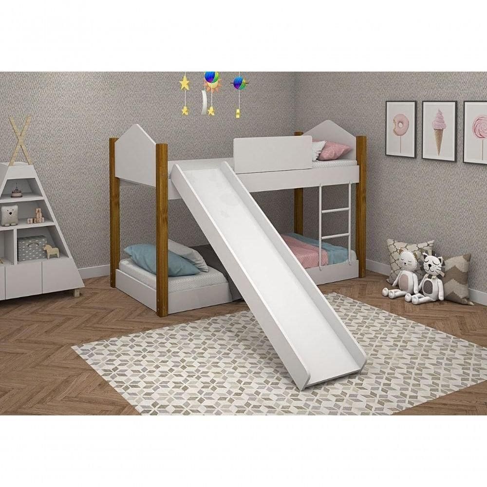 Beliche Infantil Juvenil Luiza Branco Mel Com Pés de Madeira Com Escorregador Dois Colchões
