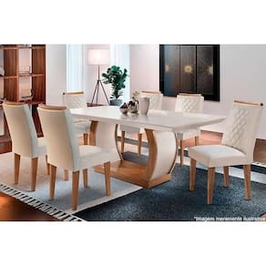 Conjunto Mesa De Cozinha Jade Tampo Madeirado Canto Reto 180x90cm E 6 Cadeiras Jade Capuccino Suede Creme Rufato
