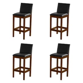 Kit 4 Banquetas Alta Pérola Com Encosto Estofada Em Couro Pu Preto Madeira Maciça Imbuia
