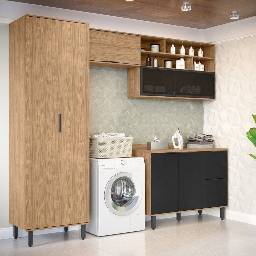 Lavanderia Modulada com 2 Aéreos, 1 Balcão e 1 Armário Multiuso Toscana 100% Mdf Freijó
